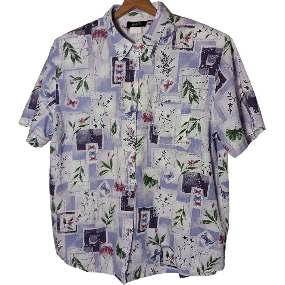 Top And Co Blouse XL Purple Lavender Floral Butterfly Nature Shirt Vintage WS19